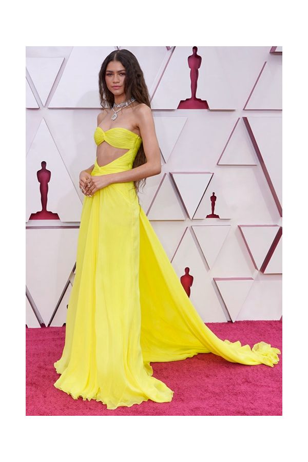 Zendaya Inspired Yellow Strapless Chiffon Celebrity Formal Prom Dress Oscars 2021