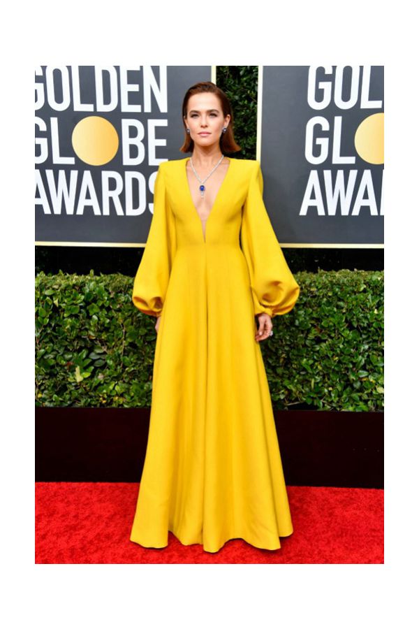 Zoey Deutch Yellow Plunging V-neck Long-sleeve Jumpsuit Golden Globes 2020