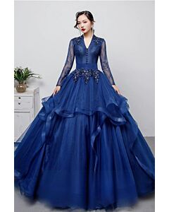 V-Neck Lace Bodice, Beaded Waist, Tiered Tulle Skirt