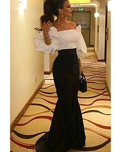 Off-Shoulder Puff Sleeve Black & White Mermaid Gown
