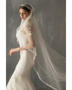 Floral Embroidered Tulle Veil with Long Train for Bridal Events