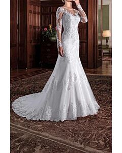 Sleeve Lace Illusion Neckline Mermaid Gown with Long Train for Formal Events