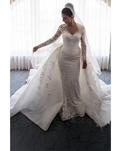 Long-Sleeve Lace Mermaid Gown with Detachable Train for Wedding or Formal Events