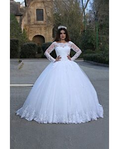 Long-Sleeve Lace Ball Gown with Illusion Neckline for Formal Events