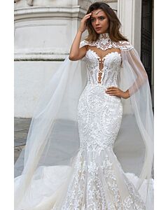 Lace Mermaid Gown with Cape and Long Train for Formal Events