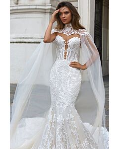 High-Neck Lace Mermaid Gown with Long Train for Formal Events