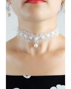 Pearl and Lace Ruffled Choker for Evening Gowns