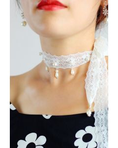 Lace and Pearl Choker with Ribbon Ties for Evening Wear