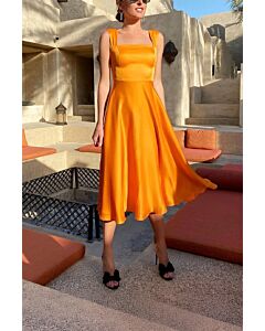 Bright Orange Satin Midi Dress with Square Neckline for Chic Day-to-Night Style