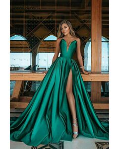 Satin Ball Gown with Deep V-neck and High Slit