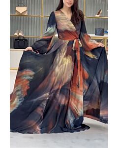 Long Sleeve Watercolor Print Maxi Dress