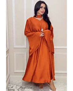 Rust Orange Satin Maxi Dress with Bell Sleeves for Elegant Occasions