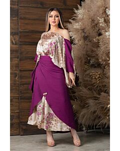 Floral Off-Shoulder Satin and Wrap Skirt Ensemble for Elegant Occasions