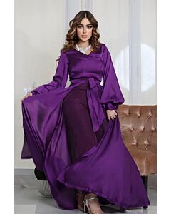 Royal Purple Satin Wrap Dress with Belt and Flowy Design for Formal Events