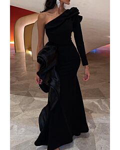 One Shoulder Black Gown with Dramatic Ruffled Sleeve