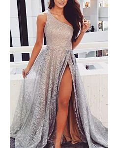 Silver Glitter One-Shoulder Evening Gown