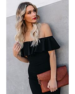 Black Ruffle Off-The-Shoulder Midi Dress