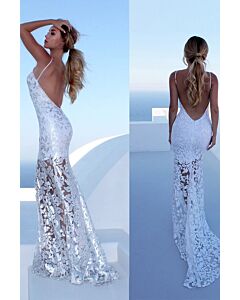 White Lace Halter Neck Mermaid Evening Gown