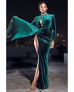 Emerald Velvet High-Slit Long Sleeve Evening Gown with Cape Detail