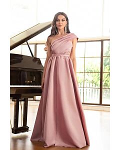 Dusty Rose One-Shoulder Satin Evening Gown