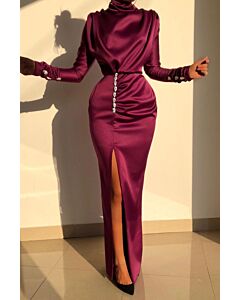 Purple Satin Long Sleeve High Slit Gown
