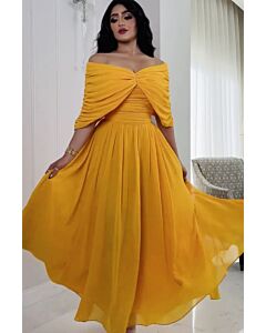 Golden Off-Shoulder Flowing Midi Dress