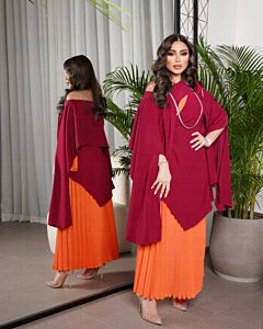 Dual-Tone Burgundy and Orange Pleated Maxi Dress for Chic Occasions