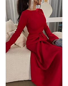 Elegant Red Draped Long Sleeve Gown