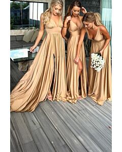 Deep V-Neck Satin A-Line Gown - Perfect for Bridesmaids, Proms, and Formal Events