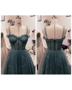 Blue Gray Lace Tulle Tea-length Formal Prom Celebrity Inspired Dress Pinterest