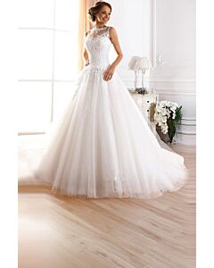 Illusion Neckline Lace Tulle Ball Gown with Long Train for Wedding Events