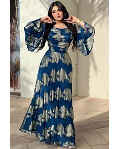 Royal Blue Golden Floral Maxi Dress with Bell Sleeves