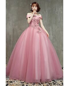Blossom Whisper – Pink Off-Shoulder Gown