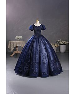 Midnight Elegance – Navy Blue Embroidered Ball Gown with Puff Sleeves