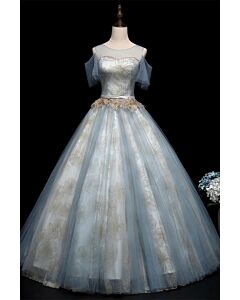 Moonlit Bloom – Blue Tulle Embroidered Gown