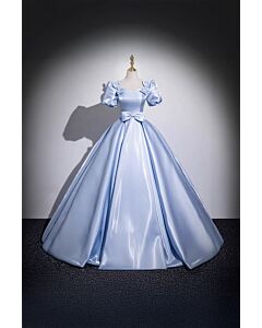 Cinderella Grace – Light Blue Satin Ball Gown with Puff Sleeves and Bow Waist