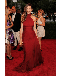 Hilary Swank Inspired Red High-neck Chiffon Celebrity Formal Prom Dress Met Gala 2012