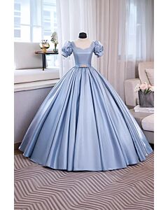 Celestial Grace – Light Blue Satin Gown with Puff Sleeves and Waist Jewel