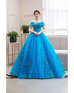 Azure Whisper – Off-Shoulder Embroidered Gown