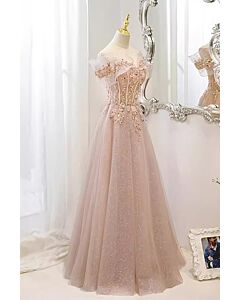 Twilight Bloom – Champagne Pink Tulle Gown