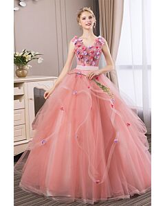 Floral Symphony – Coral Pink Tulle Gown