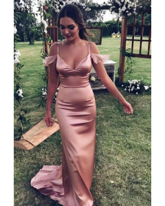 Rose Pink Satin Spaghetti Straps Formal Prom Party Bridesmaid Celebrity Dress