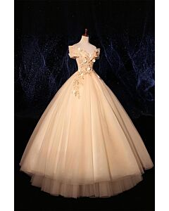 Moonlit Bloom – Champagne Embroidered Dress