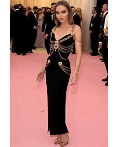 Lily-Rose Depp Black Formal Prom Celebrity Dress with Gold Chains Met Gala 2019