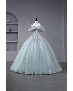 Frosted Whisper – Ice Blue Off-Shoulder Ball Gown with Floral Appliqué