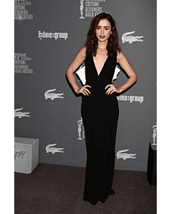 Lily Collins Inspired Black V-neck Celebrity Formal Prom Dress with White Bow