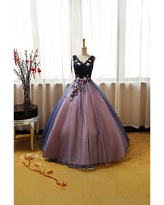 Twilight Blossom – Navy and Lavender Ball Gown with Floral Appliqués
