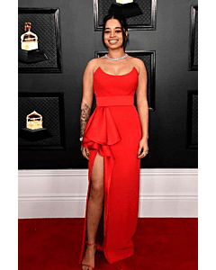 Ella Mai Red Strapless Long Formal Prom Celebrity Dress with Slit Grammys 2020