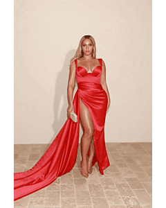 Beyoncé Red Satin Strapless Plunging Neckline Celebrity Formal Prom Dress with High Slit Pre-Grammys 2020