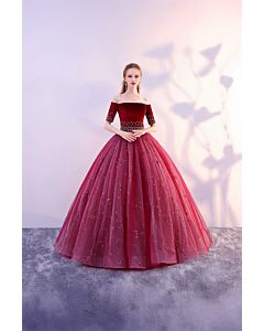 Crimson Elegance – Off-Shoulder Velvet Ball Gown with Embroidered Tulle